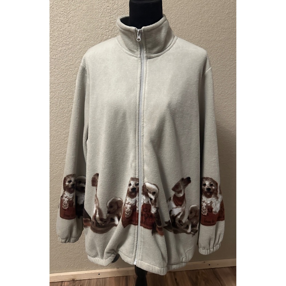 Blair Women XLG Fleece Jacket Beige Puppy Dog Print Full Zip Mock Neck Soft Cozy
